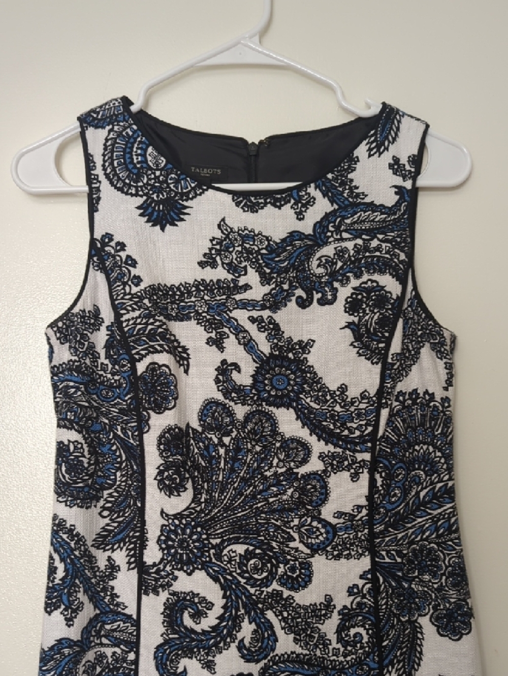Talbots Petite 6 White and Navy Paisley Sheath Dress - Picture 3 of 7